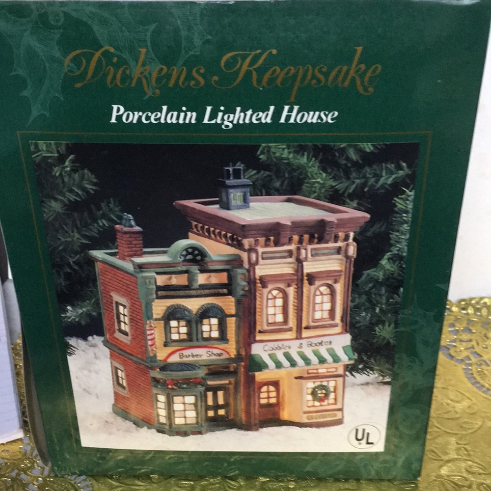 Dickens Vintage Keepsake Porcelain lighted house, Barber Shop, Cobbler & Booter